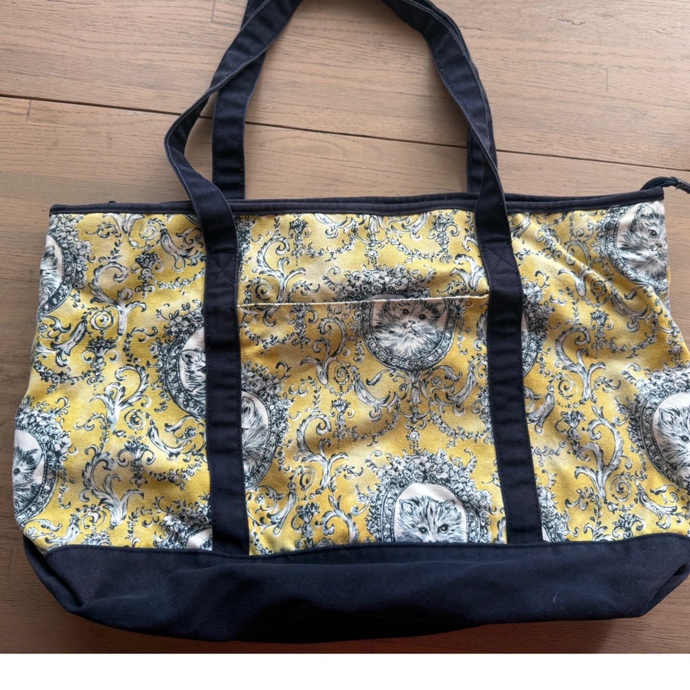 Yellow Baroque Cat Portrait Canvas Tote Bag Navy Blue Straps Zipper Top Large